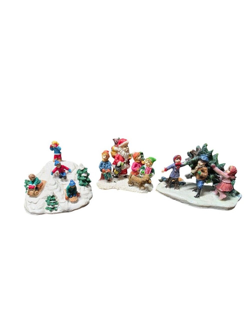 3 Christmas Village Display Figurines Santa Kids Snow & Pets